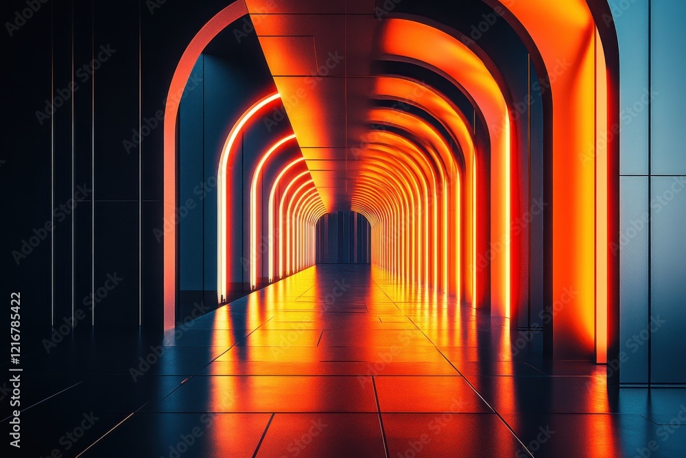 Poster futuristic corridor with neon lights in symmetrical architecture design
