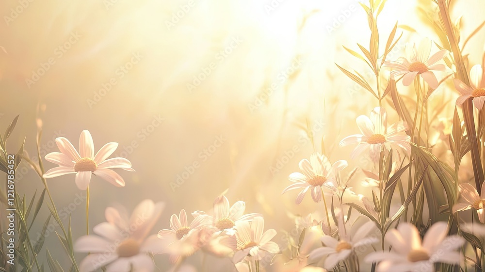 Poster floral field of daisies with soft light creating a seamless springtime background