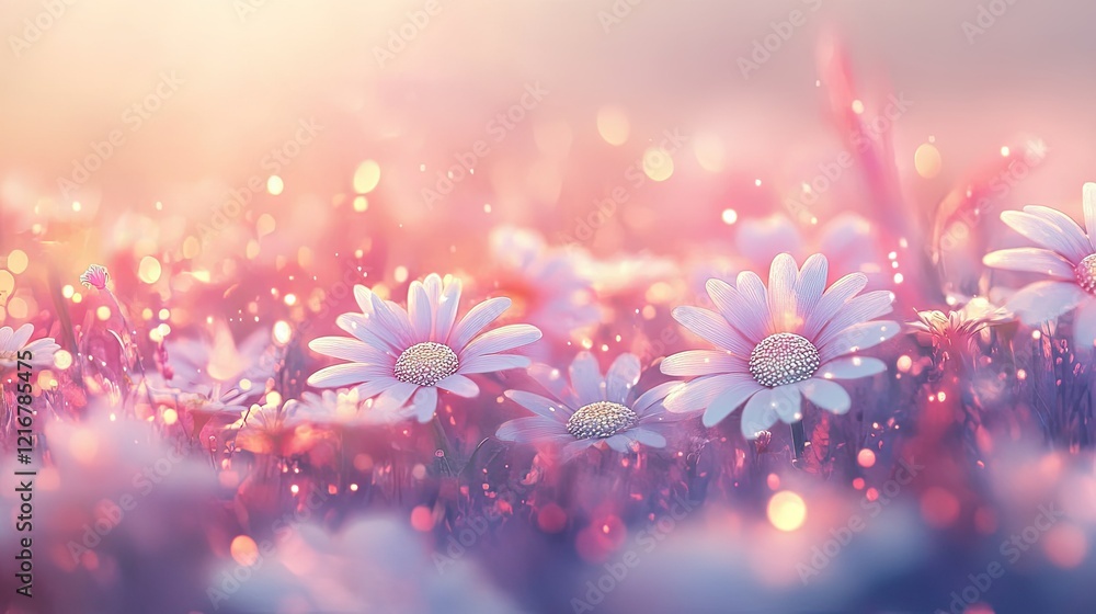Poster floral field of daisies with soft light creating a seamless springtime background