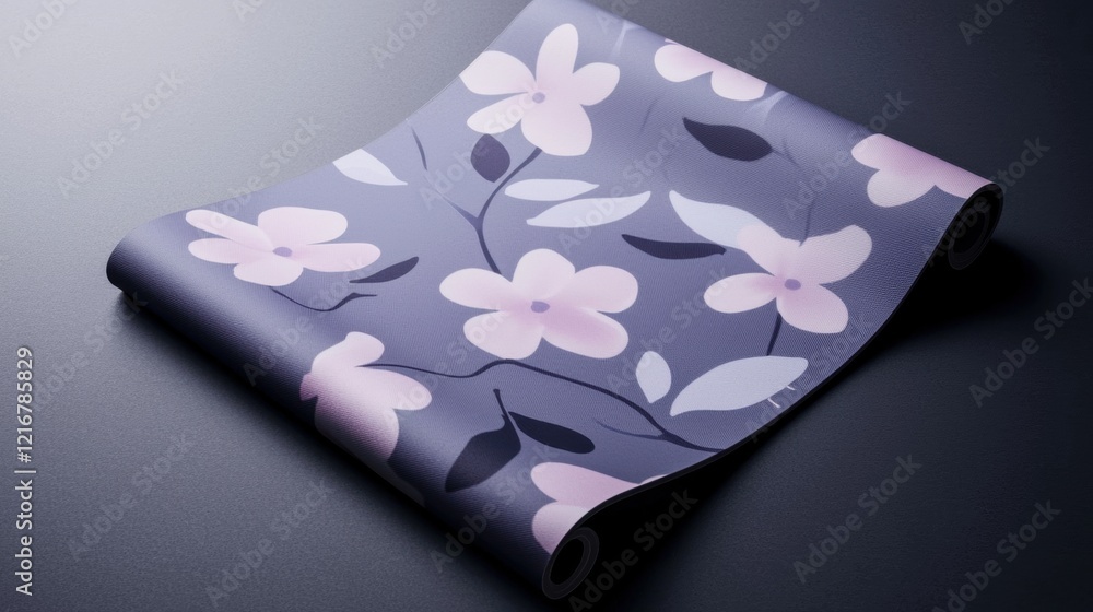 Poster roll of fabric with a floral pattern on it. the fabric is rolled up and placed on a dark grey surfac