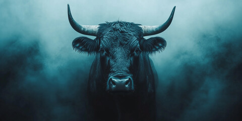Majestic Black Bull in Misty Fog Displaying Strength and Power