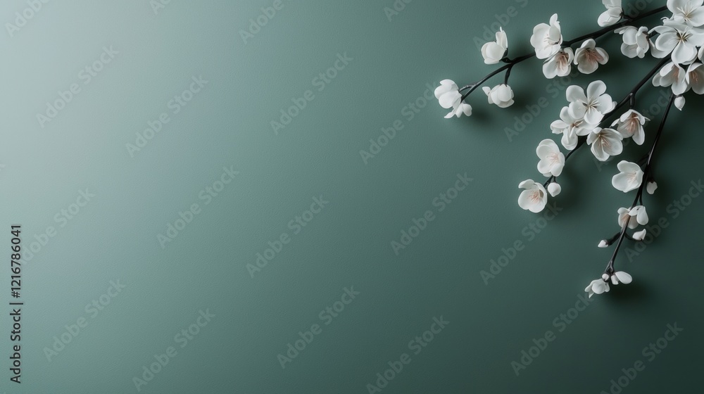 Poster flat lay of a branch of white flowers on a dark green background. the flowers are arranged in a way 