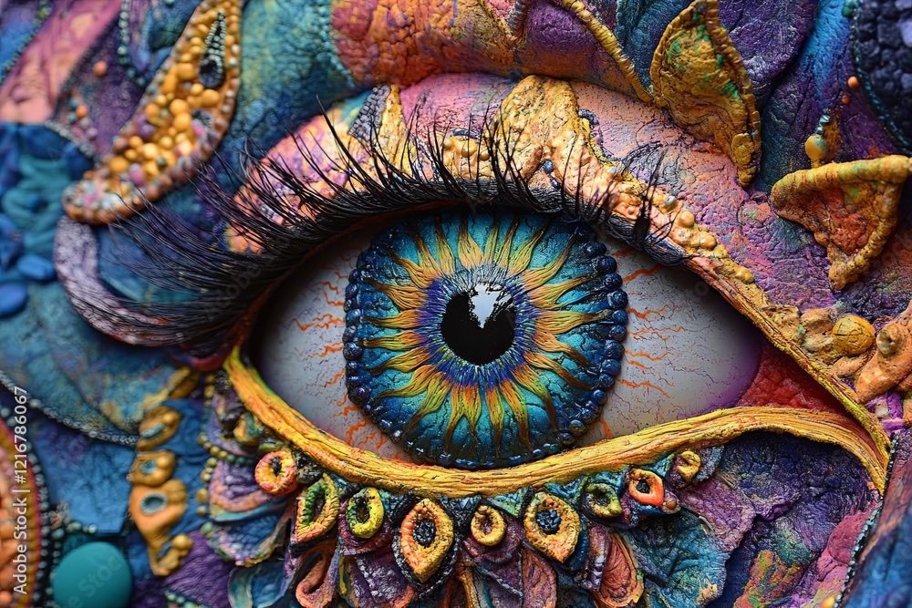 Poster colorful eye with intricate artistic design showcasing vibrant patterns and textures in a creative e