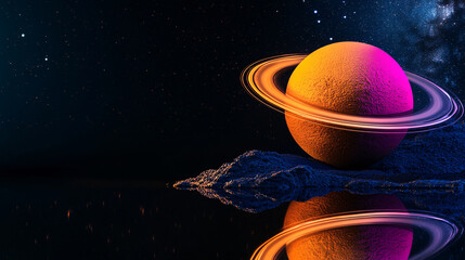 vibrant orange planet with rings reflects on tranquil surface under starry sky. cosmic scene evokes sense of wonder and exploration