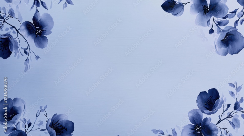 Poster light blue background with a border of dark blue flowers and leaves. the flowers are arranged in a s