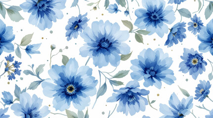 Watercolor blue floral frame with white background, blue flowers and green leaves around the rectangular blank label for text or title design