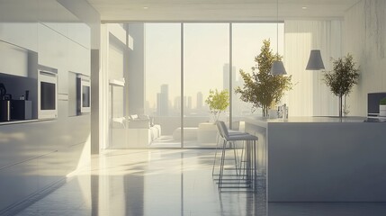 Modern and minimalist kitchen featuring white furnishings, sleek lines, and a spacious layout. Natural light floods the space through large windows, creating a bright and airy atmosphere