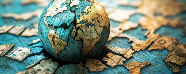 Cracked globe with financial symbols, representing global economic recession and investment challenges, highresolution image