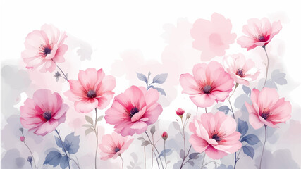 Abstract watercolor art background with pink flowers with golden line. Botanical banner with watercolor paints with transparency effect for design