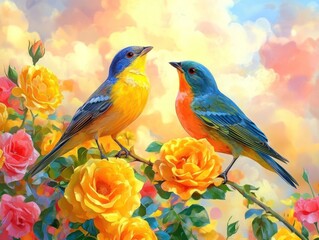 Birds, roses, sunset, garden, love