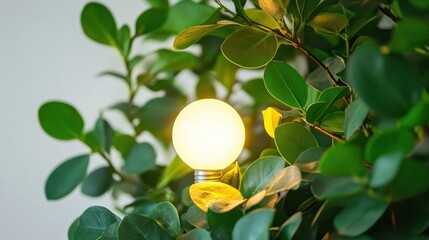 Glowing bulb nestled in lush green foliage, symbolizing sustainable energy
