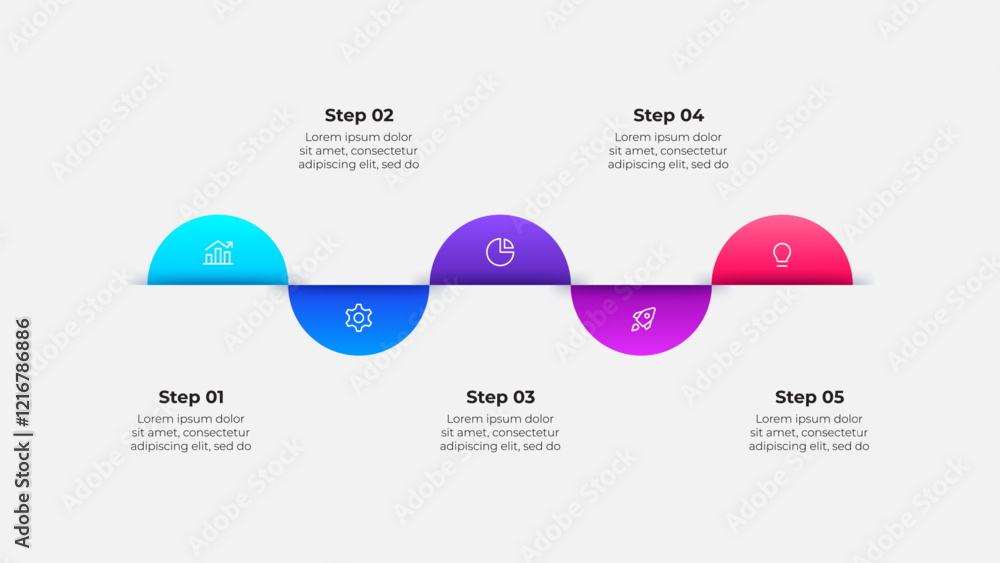 Poster Four semicircle elements placed in horizontal row. Concept of 4 steps to process infographic. Modern vector illustration for business presentation