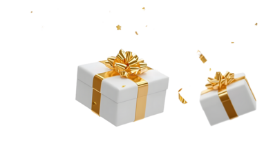 White gift with gold bows set, floating gold ribbons, surprise and presents, 3d rendering.