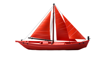 Isolated Red Sailboat Model, Miniature Toy Boat with Classic Nautical Design, transparent background.