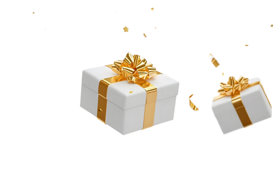 White gift with gold bows set, floating gold ribbons, surprise and presents, 3d rendering.