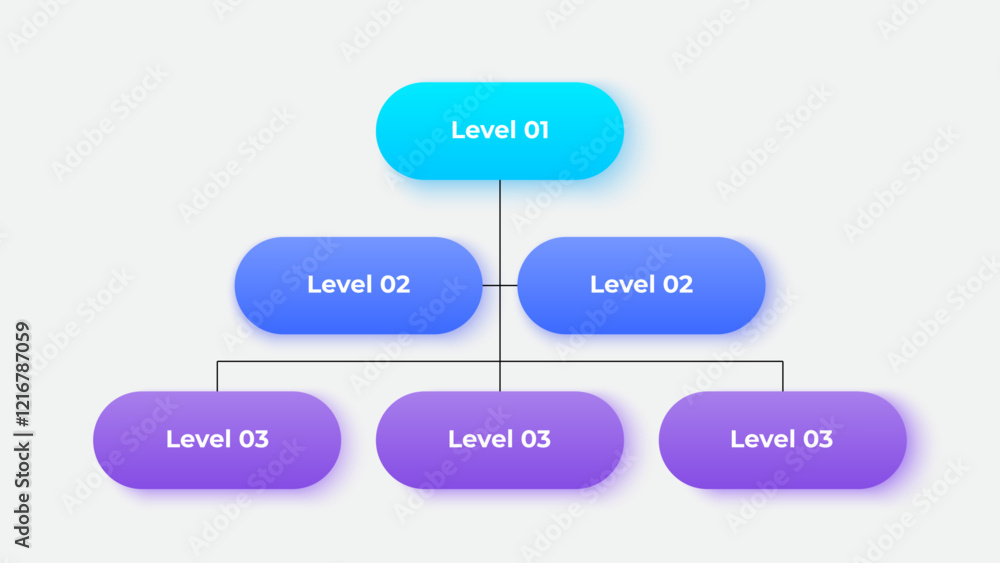 Poster Vertical business hierarchy chart infographics. Corporate organizational structure graphic elements with 3 levels. The top-level connects to five subordinate nodes