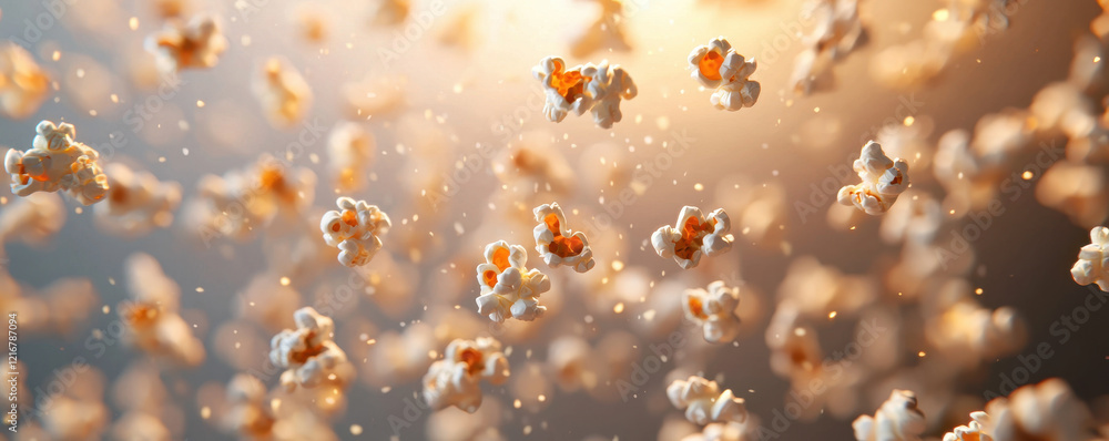 Poster popcorn kernels floating in air, creating whimsical and fun atmosphere