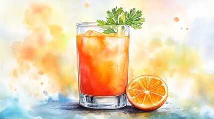 A glass of orange juice with a sprig of parsley sitting next to it.