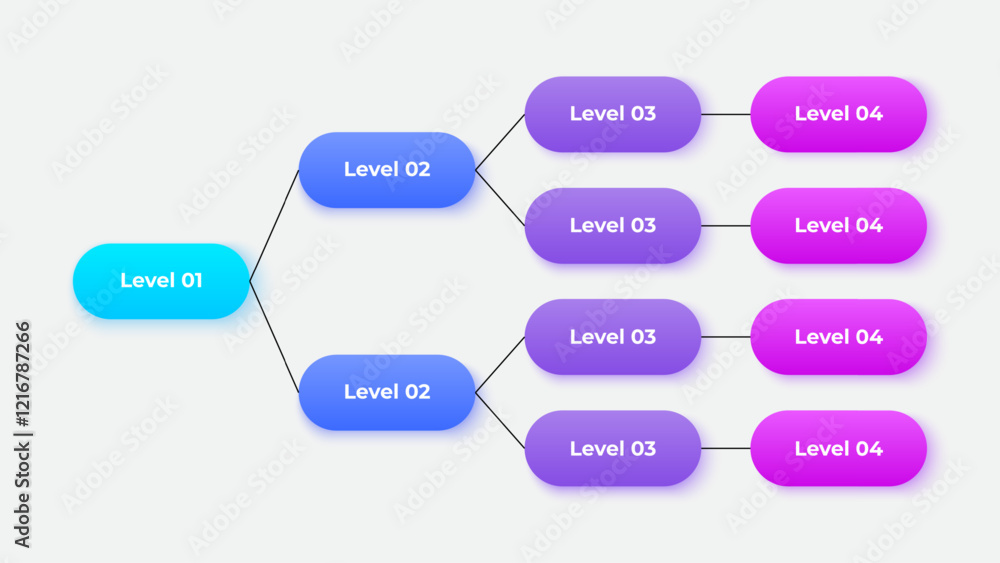 Poster Horizontal business hierarchy chart infographics. Corporate organizational structure graphic elements with 4 levels. The top-level connects to 11 subordinate nodes