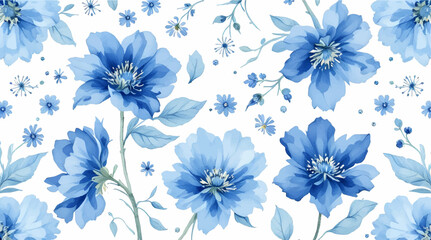 Watercolor blue floral frame with white background, blue flowers and green leaves around the rectangular blank label for text or title design