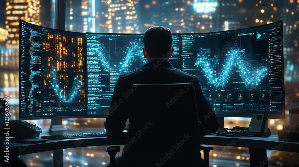 Poster businessman working late, analyzing data on multiple computer screens in a high-rise office