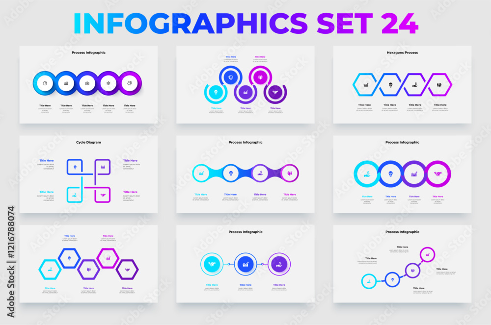 Poster set of infographic business process charts for presentations, data visualization, and corporate repo