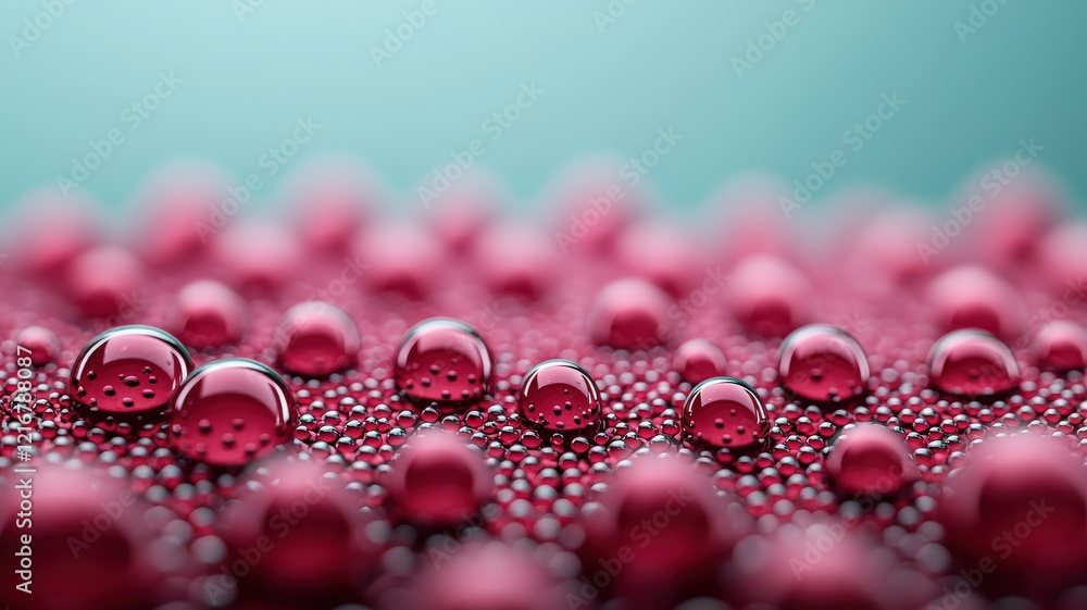 Poster material science nano concept. close-up of vibrant red water droplets on a surface, creating a visua
