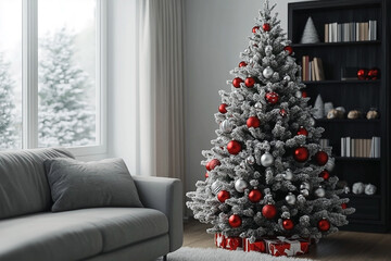 Elegant Christmas Tree in Modern Living Room with Snow Covered Window view