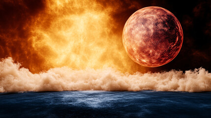 vibrant cosmic scene featuring glowing sun and red planet above turbulent ocean. dramatic colors evoke sense of wonder and mystery in universe