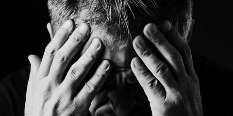 Man shows signs of emotional struggle with hands covering his face. Man expressing distress in a dark environment with hands on his face