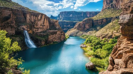 Fototapeta premium Lake in the mountains, vibrant blue waters, and waterfalls flowing from steep rock faces