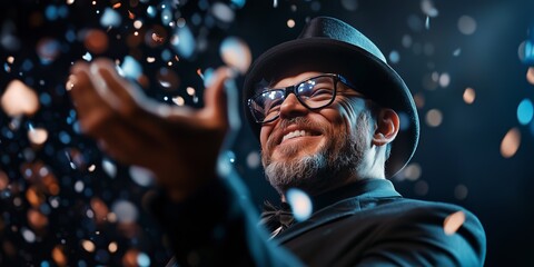 Celebratory performer enjoying confetti at an evening event. Confetti falls around a smiling performer wearing a hat and glasses.