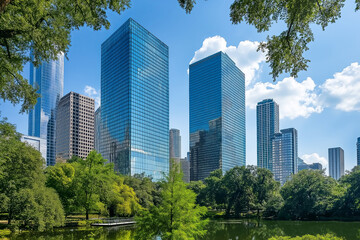 Skyscrapers with reflective surfaces capturing the city. 
