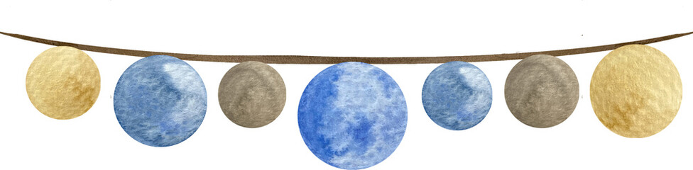 A watercolor nursery bunting featuring round-shaped decorations in shades of blue and brown