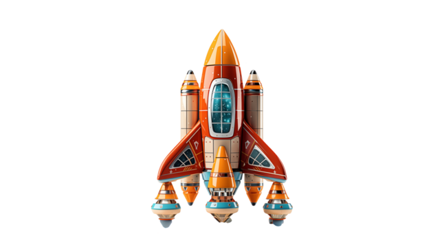 Retro Rocket Ship 3D Render, Orange and Teal Spacecraft with Vintage Design for Exploration, transparent background.