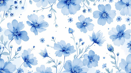 Seamless pattern with blue flowers painted in watercolor style on a white background, elegant floral design