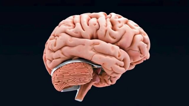 An anatomical representation of the human brain in 3D, showcasing a glossy finish on a brain-themed display. The presentation features a rotating animation of the human brain in stunning 4K quality