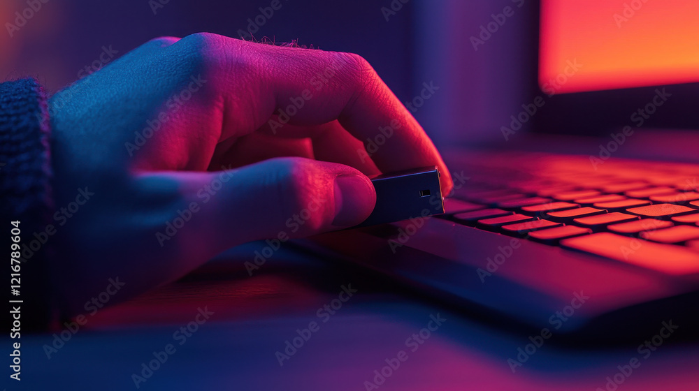 Poster hand using usb drive on laptop keyboard in colorful setting