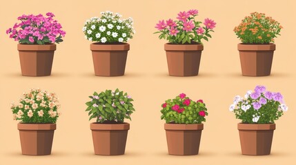 Fototapeta premium Eight potted flowering plants in terracotta pots, diverse blooms and foliage