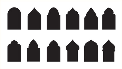 Collection in oriental style. Islamic vector shapes of window and door arches. Set of Arabic frames. Ramadan Kareem silhouette icon. Islamic oriental pattern