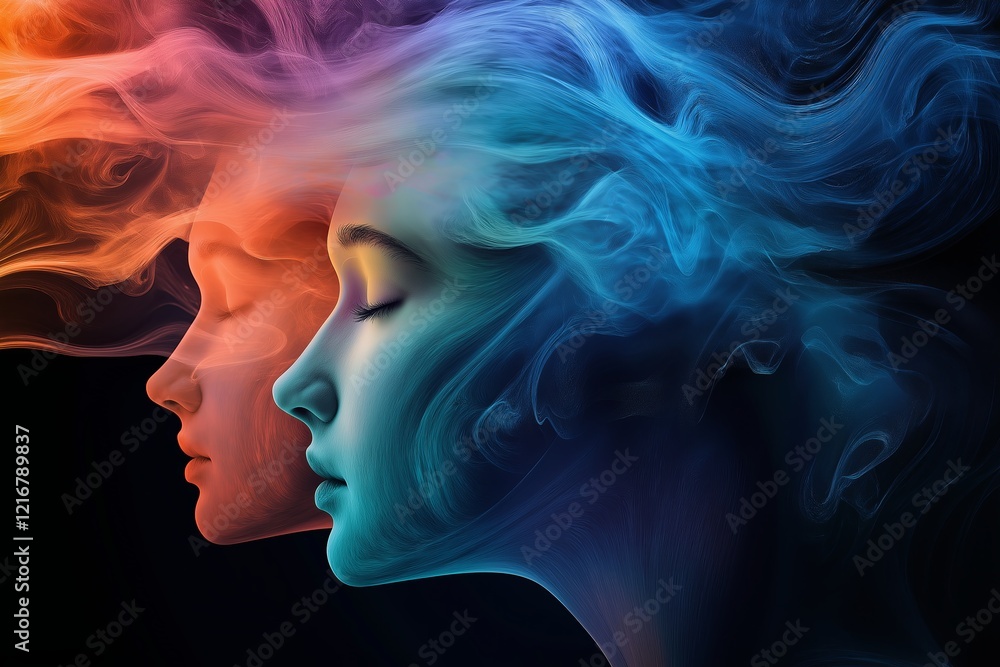 Poster Faces merging with abstract elements like smoke or waves.