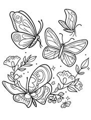 Coloring book. Butterfly among flowers. Black and white illustration for coloring.