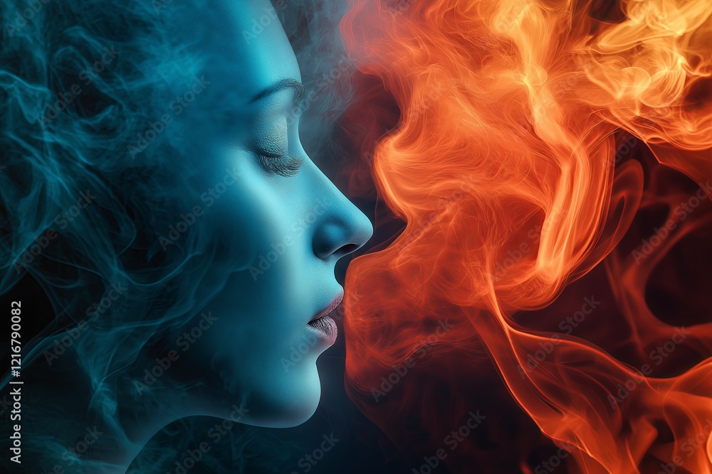 Poster Faces merging with abstract elements like smoke or waves.