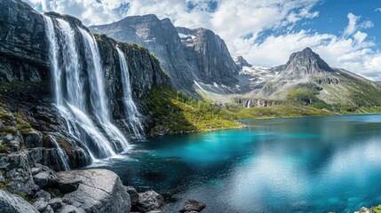 Obraz premium Panoramic view of a mountain lake with waterfalls tumbling down rocky cliffs