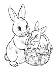 Coloring book for kids. Easter bunny peeking out of a basket of eggs and his mom holding the basket.