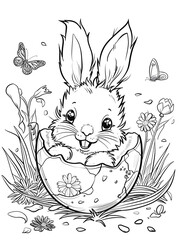 Coloring book for kids, Easter bunny peeking out of egg. Monochrome illustration for coloring.