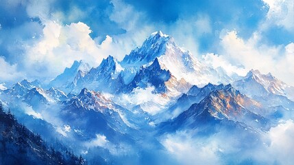 Obraz premium A serene and majestic mountain landscape with snow-capped peaks rising above the clouds.