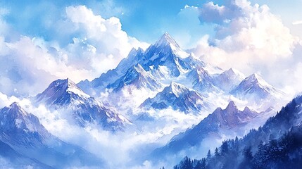 Obraz premium A serene landscape of snow-covered mountains rising above a misty valley, with distant trees and a blue sky dotted with clouds.