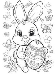 Coloring book for kids. Easter bunny holding an Easter egg and smiling.