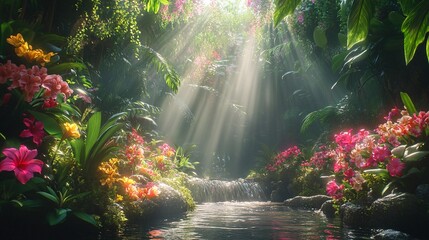 Lush rainforest with vibrant flowers and plants surrounding a serene stream, bathed in dappled sunlight filtering through the dense foliage.